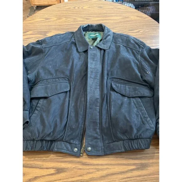 Saddlebred black leather zip front bomber jacket size XL